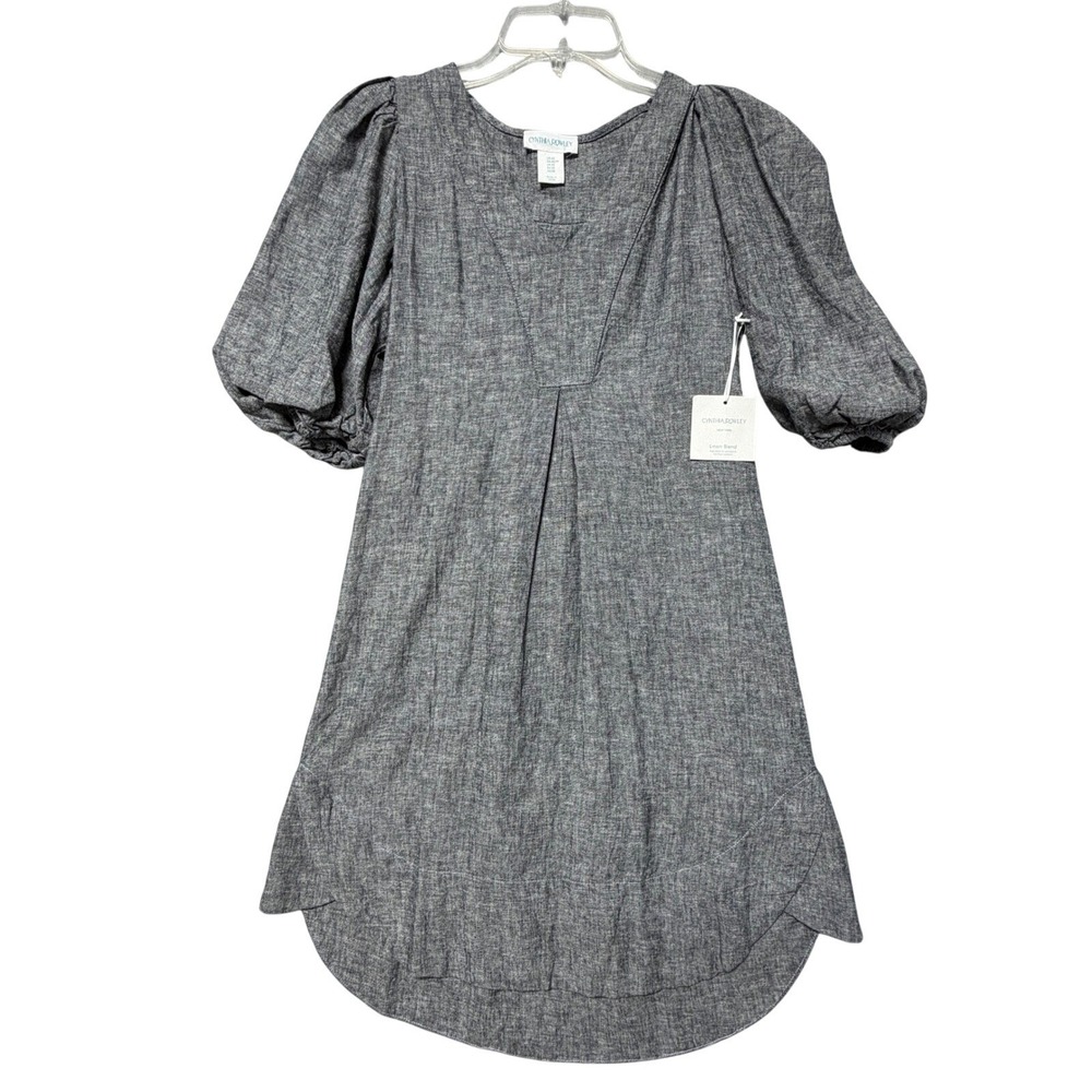 Cynthia Rowley Gray Linen Blend Puff Sleeve V-Neck Shift Dress Pockets XS NEW
